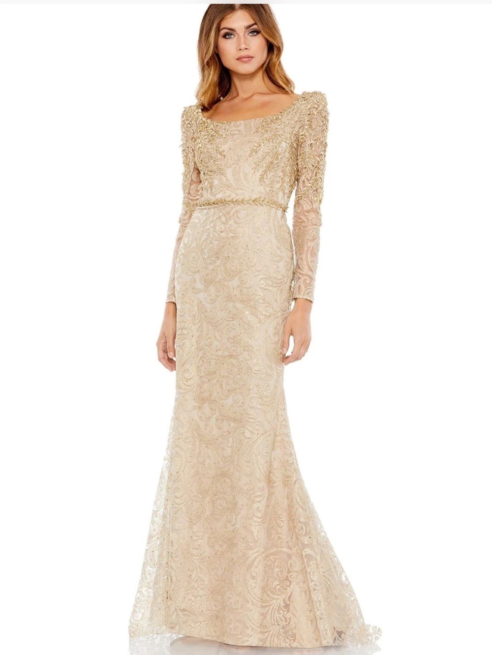 NWTS Mac Duggal Gold Trumpet Gown Formal Embroidered Sequin 11187 Size 8